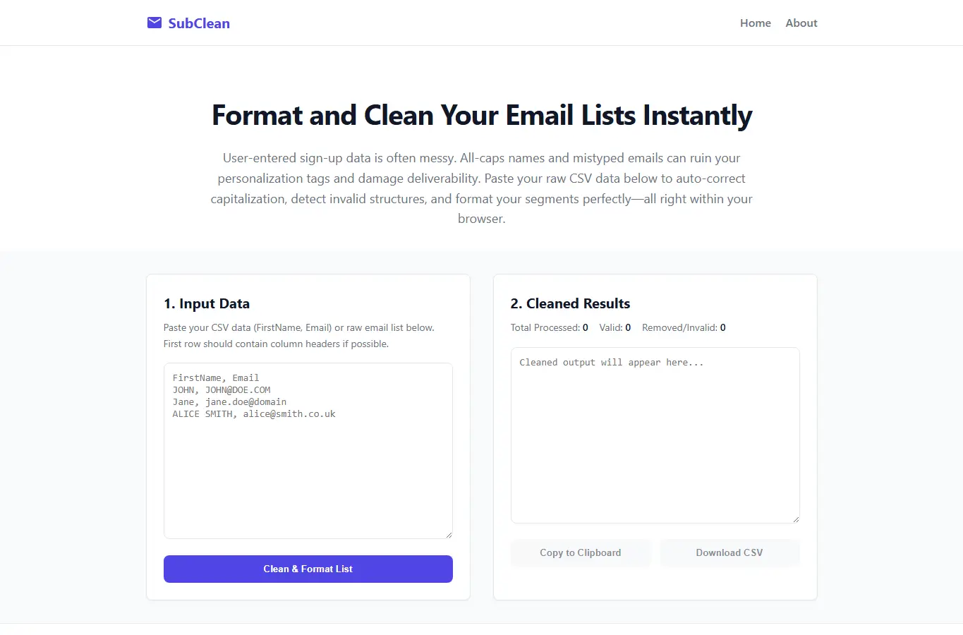 Screenshot of SubClean: Email List Formatter interface showing the project page in use
